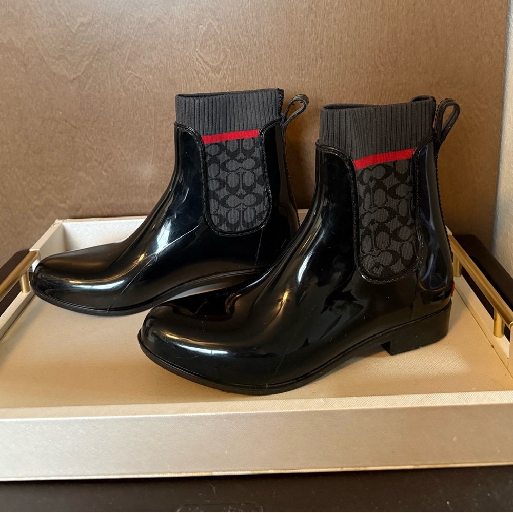 Coach Black Patent Signature Chelsea Rain Boots with Red Accent
